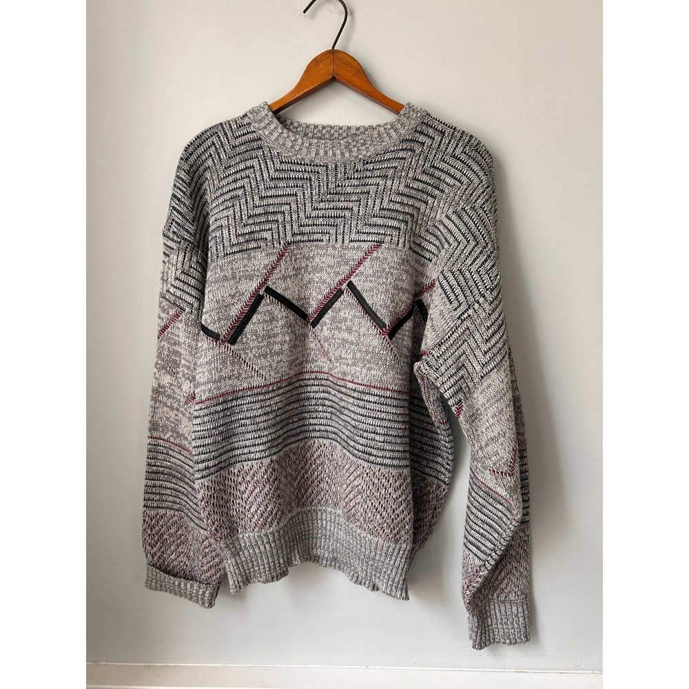 Alan Stuart Vintage Mens Grey Geometric Knit Sweater Leather Trim Size M